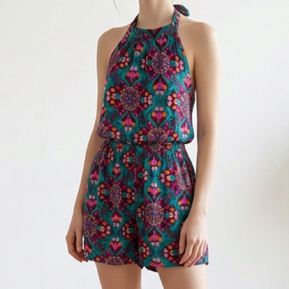 Free People Coral Tides Romper Boho Resort Summer Spring Break Lightweight sz L